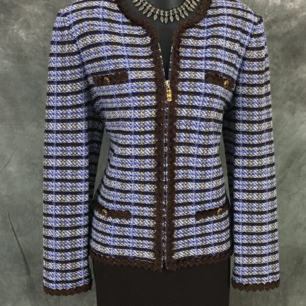 BEAUTIFUL St John collection knit blue brown multi jacket skirt suit size 8 - Picture 4 of 10